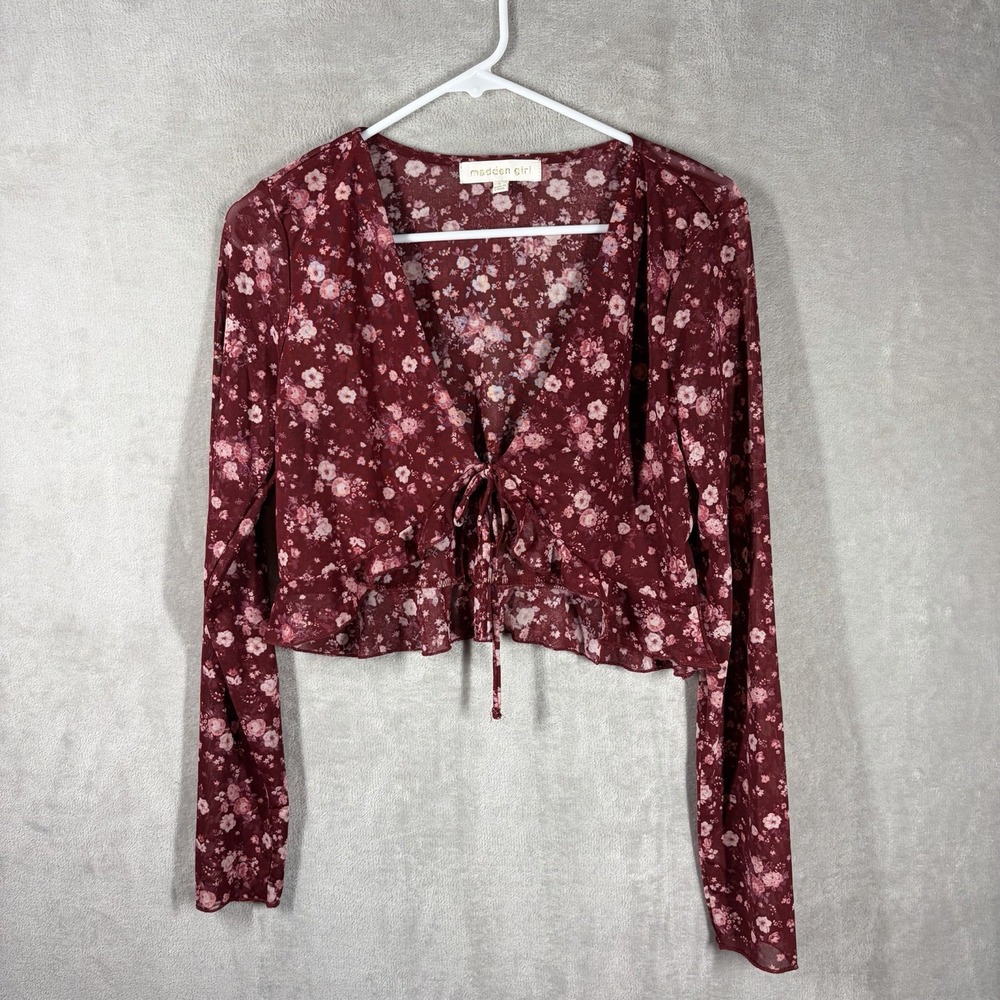 Maroon Floral Tie-front Flyaway Crop Top Size L  Coquette Y2K Downtown Girl